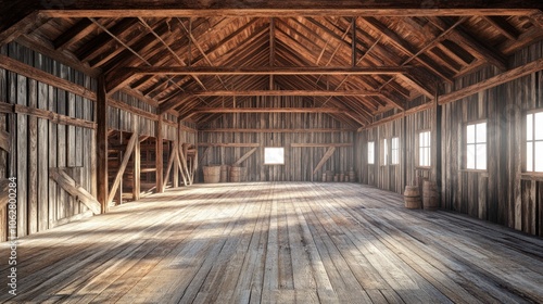 Empty wooden barn interior with exposed beams, wooden floor, and natural light.