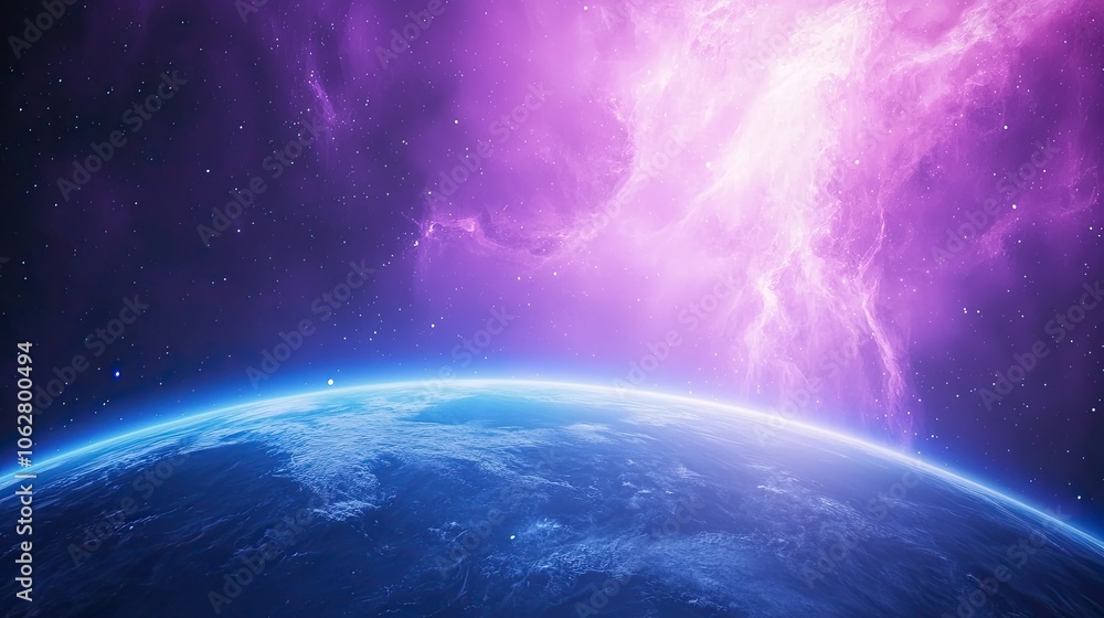 Naklejka premium Stunning Cosmic Landscape with Vibrant Purple Nebula