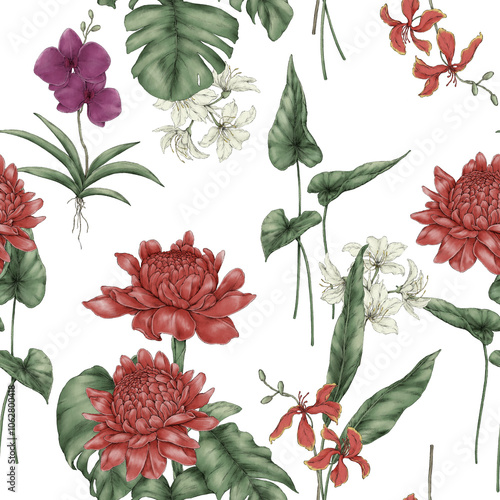 seamless pattern with tropical flowers