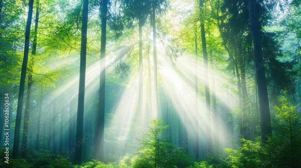 Obraz premium Enchanted Forest with Sunlight Streaming Through Trees