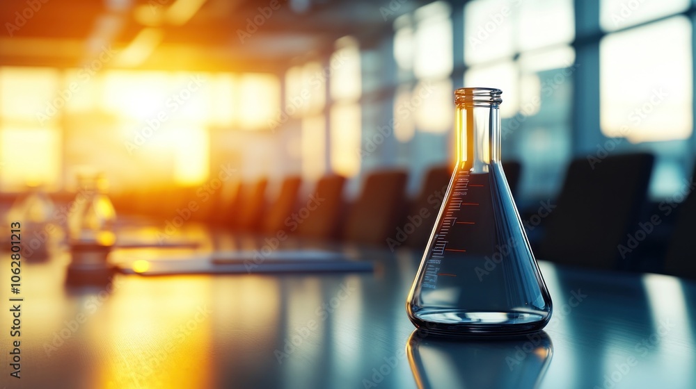 A single flask on a table in a boardroom with a blurred cityscape background. A single flask on a table in a boardroom with a blurred cityscape background.