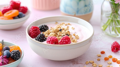 Granola and berry-topped yogurt in a bowl, accompanied by a dried fruit bowl and a vase with flowers nearby.