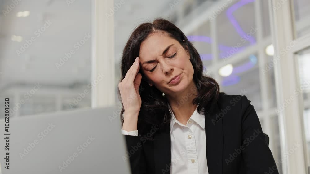 Stressed businesswoman with headache working on laptop in modern office. Exhausted employee suffering from migraine, tension, or anxiety. Burnout, overwork, mental health problems at work. Stressed businesswoman with headache working on laptop in modern office. Exhausted employee suffering from migraine, tension, or anxiety. Burnout, overwork, mental health problems at work.