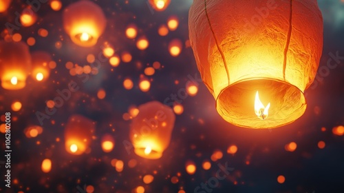 Many glowing lanterns floating in the night sky, creating a magical and festive atmosphere.