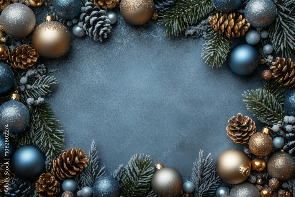 Blue background with Christmas frame of pine needles and pine cones with copy space Blue background with Christmas frame of pine needles and pine cones with copy space