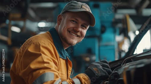 Wallpaper Mural A smiling mechanic in a yellow jumpsuit works on a car engine in a garage. Torontodigital.ca