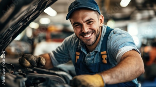 A smiling mechanic works on a car engine, wearing a blue jumpsuit, gloves, and a cap.