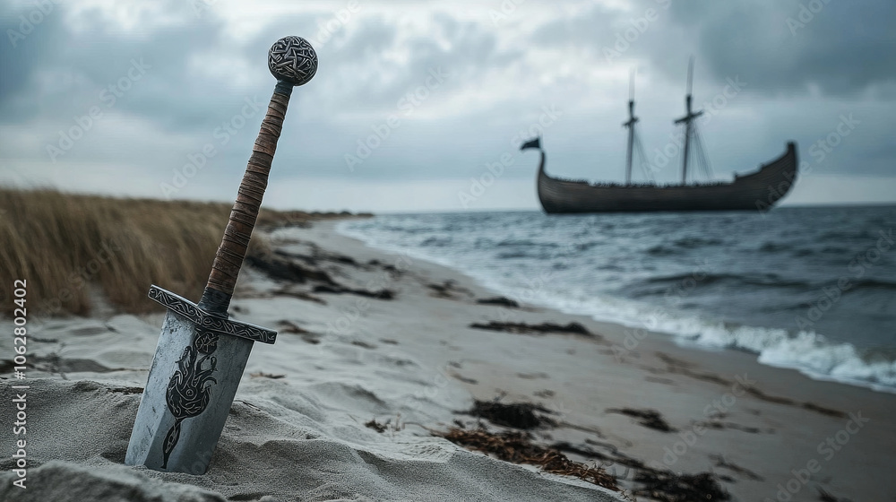 Vikings invasion concept image with a Viking weapon on a beach with a Vikings longship in background Vikings invasion concept image with a Viking weapon on a beach with a Vikings longship in background