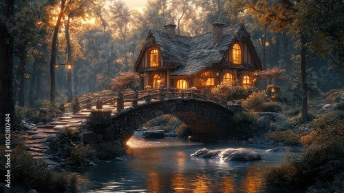 A charming cottage with a thatched roof sits nestled in a forest, illuminated by the warm glow of the setting sun. A stone bridge spans a flowing stream, leading to the cozy home. photo