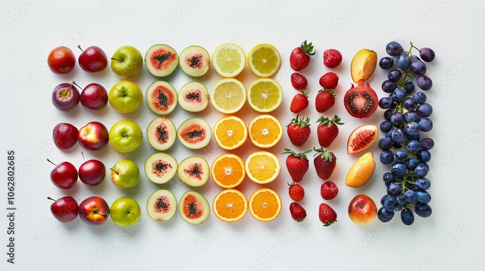 Vibrant fruits arranged symmetrically in a studio environment