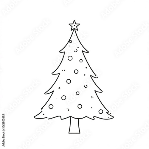 A simple black and white line drawing of a Christmas tree with a star on top photo