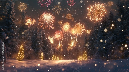 A snowy forest scene at night with fireworks exploding in the sky.