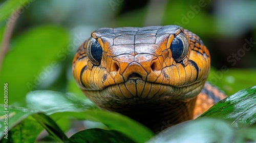 Close-up of a vibrant snake among lush green leaves.