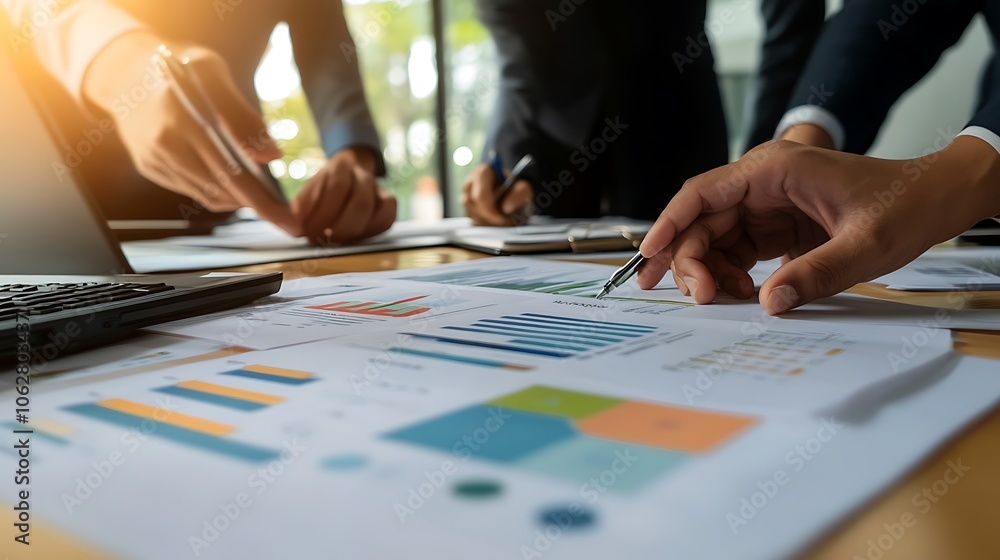 Business people discussing financial data graph chart report papers Business people discussing financial data graph chart report papers