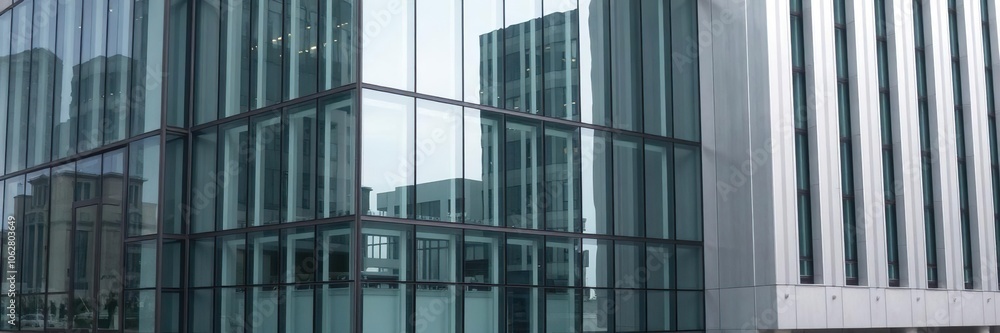 Modern glass office building with reflective windows and metal facade, metal, exterior, design Modern glass office building with reflective windows and metal facade, metal, exterior, design