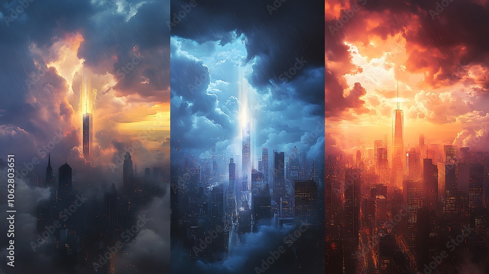 Fototapeta premium Three-panel art of a city shifting from storm to sunlight; left panel with heavy rain, mist, and muted tones, center with clouds lifting and sunlight piercing through,