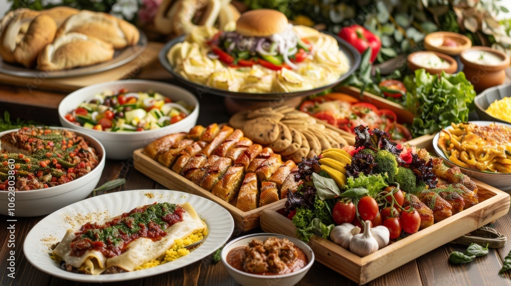 A mouthwatering spread of delicious food, perfect for restaurant menus or culinary promotions A mouthwatering spread of delicious food, perfect for restaurant menus or culinary promotions