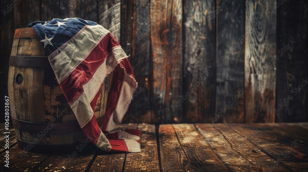 Fototapeta premium A rustic background with a flag draped over a wooden barrel, creating a rustic and patriotic atmosphere