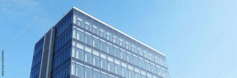 Modern office building with sleek glass facade set against a clear blue sky, skyscraper, real estate, design Modern office building with sleek glass facade set against a clear blue sky, skyscraper, real estate, design