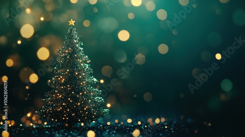 A glowing Christmas tree with a golden star on top, surrounded by bokeh lights against a dark green background.