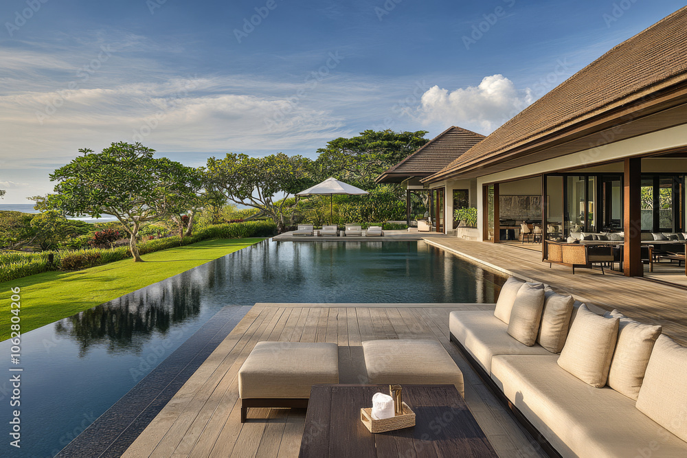 Fototapeta premium Luxurious modern villa with infinity pool overlooking lush landscape on a sunny day