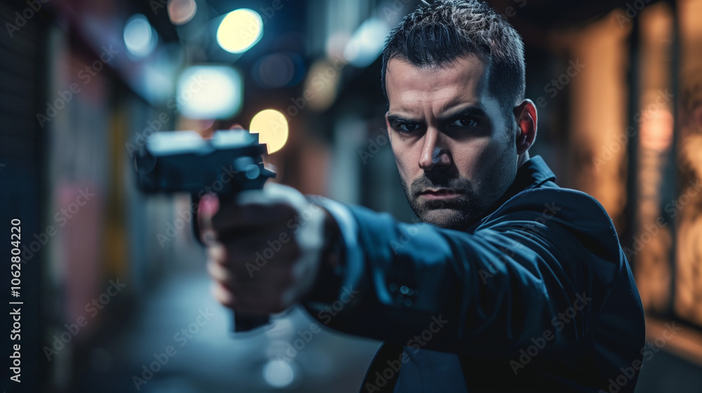 Man in dark suit stands tense and alert in dimly lit alleyway, gun in hand, prepared to defend against unseen threat, intense focus on impending danger. Man in dark suit stands tense and alert in dimly lit alleyway, gun in hand, prepared to defend against unseen threat, intense focus on impending danger.