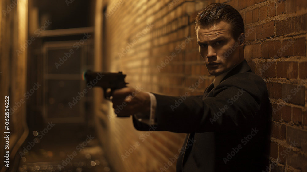 Man in dark suit stands tense and alert in dimly lit alleyway, gun in hand, prepared to defend against unseen threat, intense focus on impending danger. Man in dark suit stands tense and alert in dimly lit alleyway, gun in hand, prepared to defend against unseen threat, intense focus on impending danger.