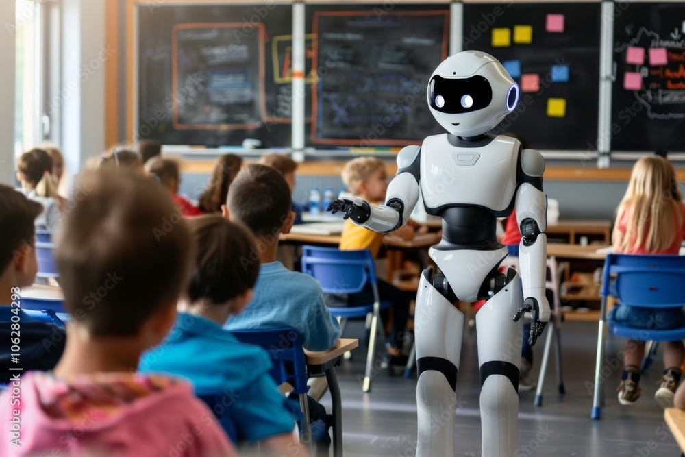 AI Educator Lecturing to Students in Classroom Setting AI Educator Lecturing to Students in Classroom Setting