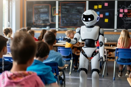 AI Educator Lecturing to Students in Classroom Setting