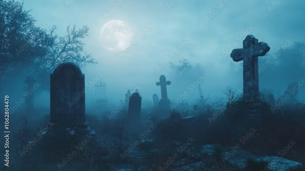 A foggy graveyard at night with a full moon shining above. A foggy graveyard at night with a full moon shining above.
