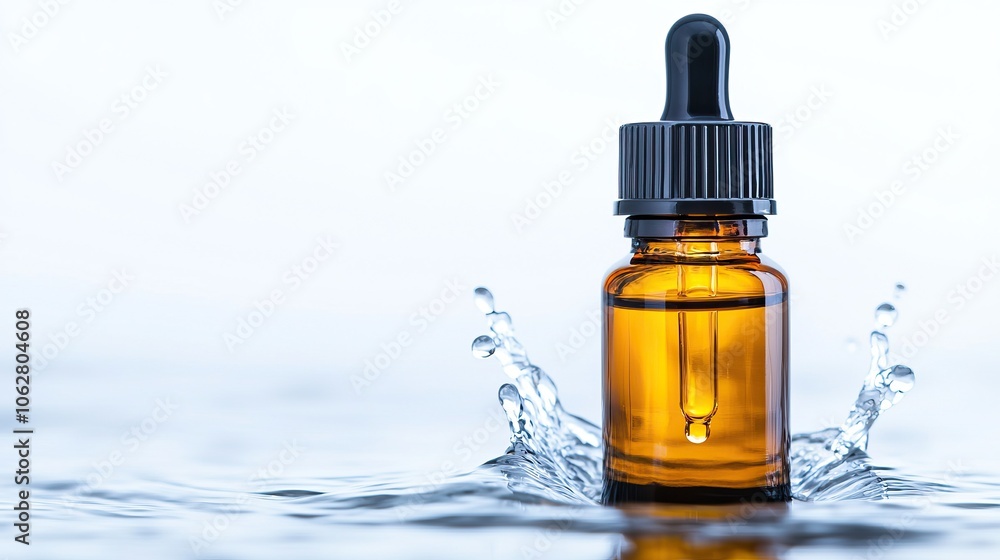 A glass dropper bottle with an amber hue is surrounded by splashes of water, creating a serene and refreshing ambiance.
