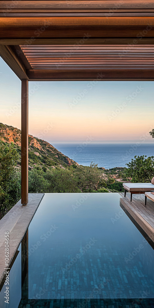 Fototapeta premium Tranquil infinity pool overlooking the serene coastline at sunset with lush mountains in view