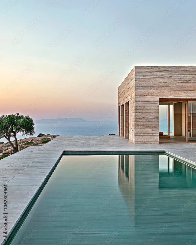 Fototapeta premium Modern villa with a serene pool overlooking the ocean at sunset in a tranquil location
