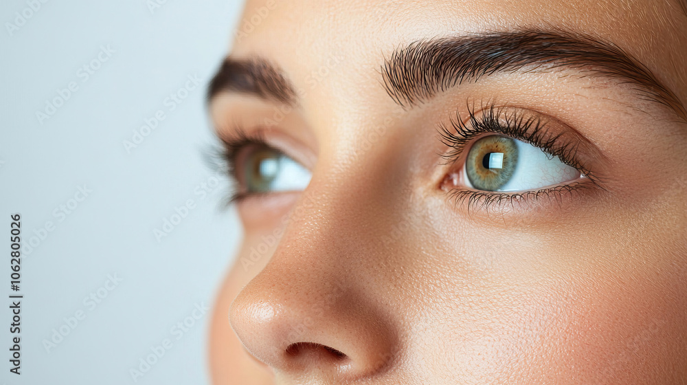 A close-up view of a woman's face highlighting her expressive green eyes and defined eyebrows against a soft background. A close-up view of a woman's face highlighting her expressive green eyes and defined eyebrows against a soft background.