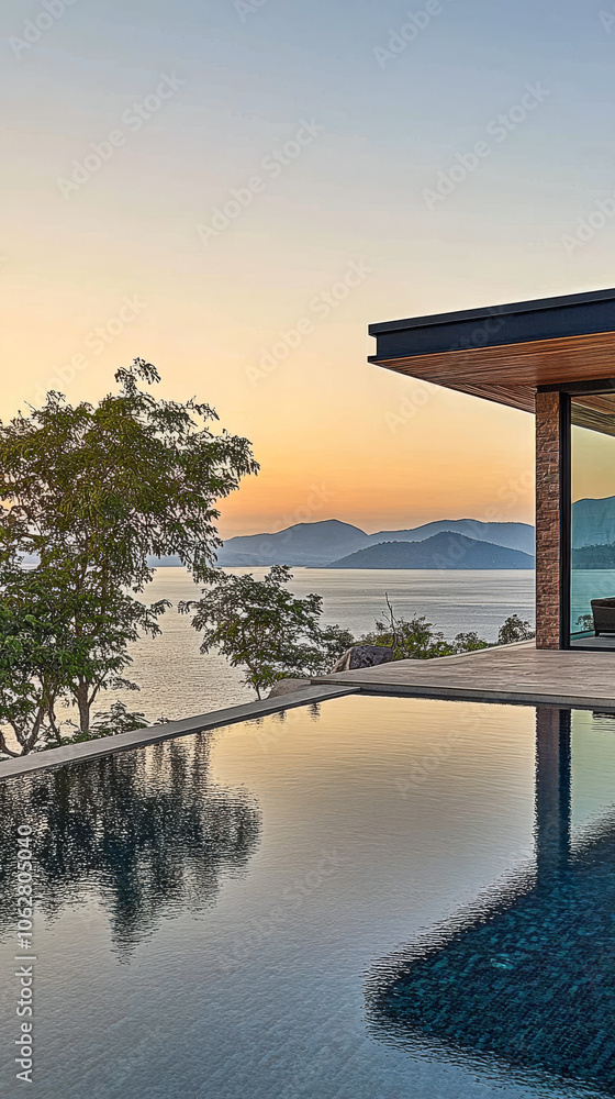 Tranquil sunset view from a modern villa overlooking serene waters and distant mountains Tranquil sunset view from a modern villa overlooking serene waters and distant mountains