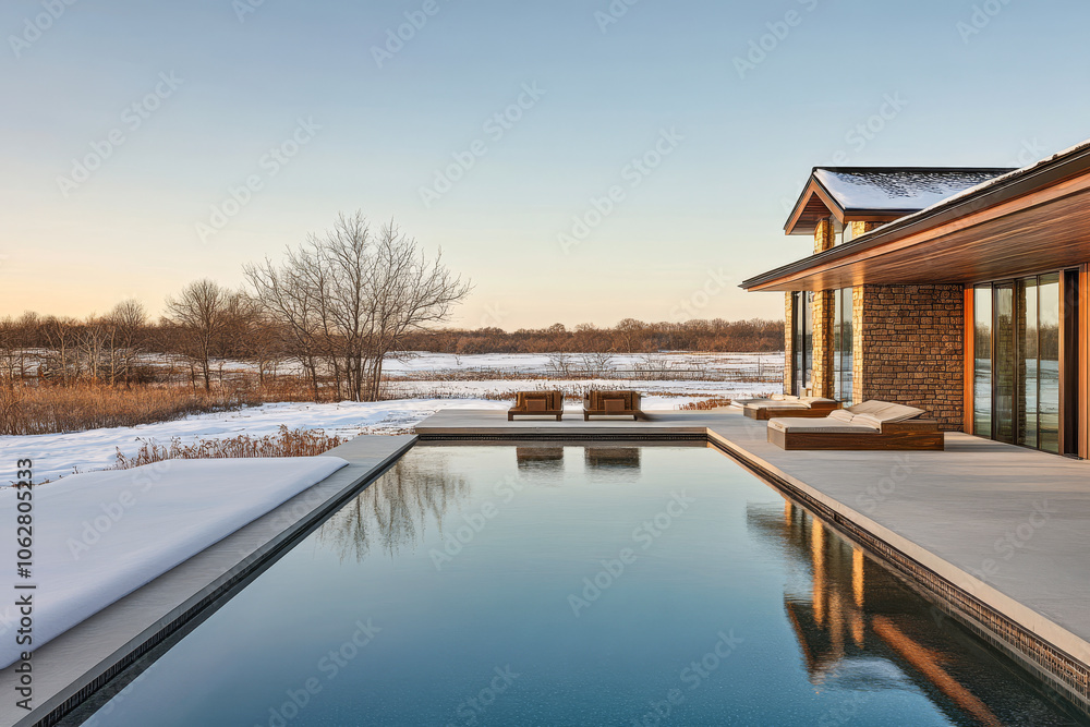 Serene winter evening view of a modern home with a pool surrounded by snowy landscape Serene winter evening view of a modern home with a pool surrounded by snowy landscape