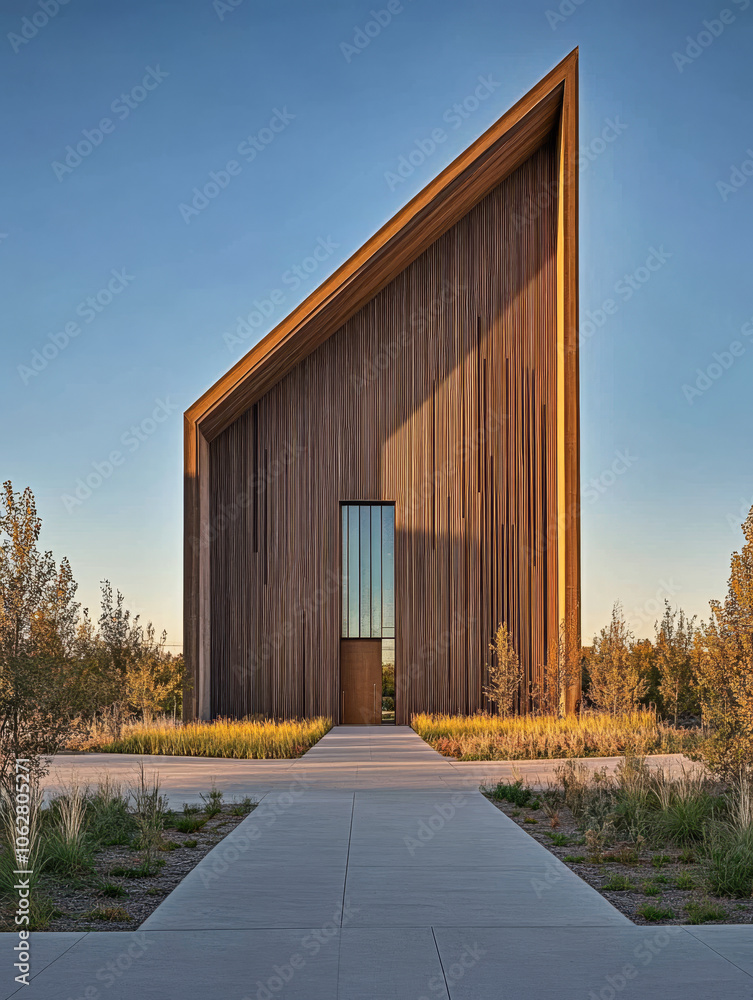 Modern wooden building with a striking angular design in a serene landscape at dusk Modern wooden building with a striking angular design in a serene landscape at dusk