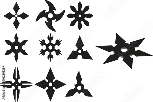 Ninja weapon icons in editable vector format. Ninja star icon in different designs. Shuriken ninja weapon black silhouettes.