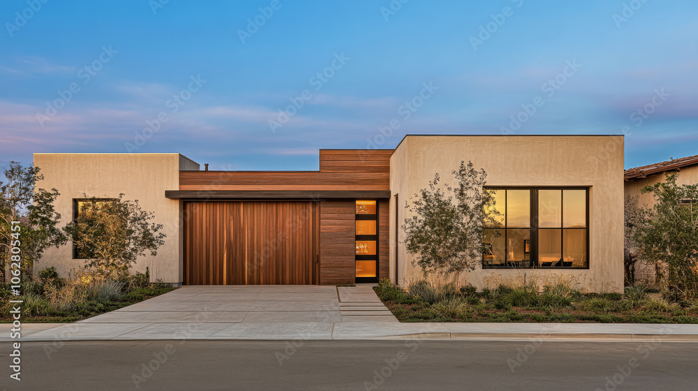 Obraz premium Modern single-family home exterior at sunset with landscaped yard in a suburban neighborhood