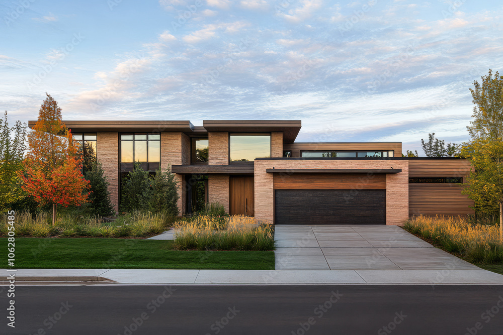 Modern residential home with large windows and elegant landscaping on a sunny day Modern residential home with large windows and elegant landscaping on a sunny day