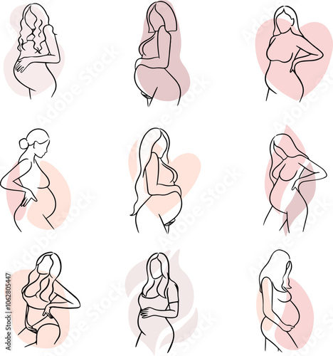 set of pregnant young woman, one line drawing