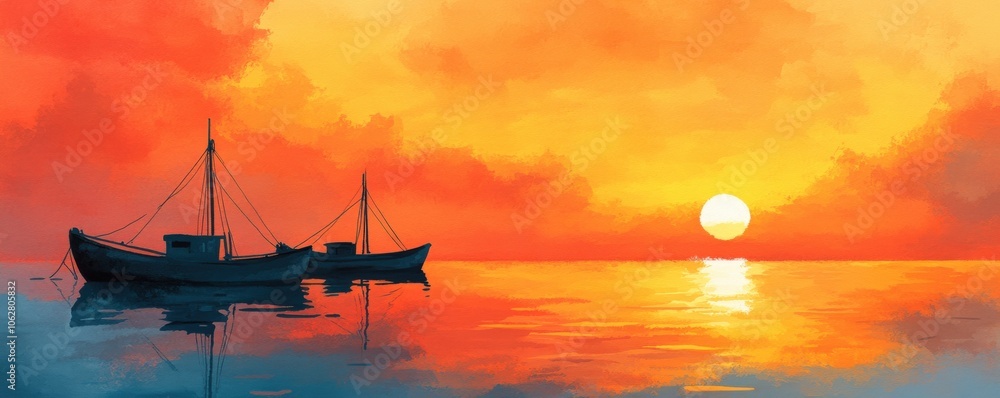 Serene sunset over fishing boats on calm waters Serene sunset over fishing boats on calm waters
