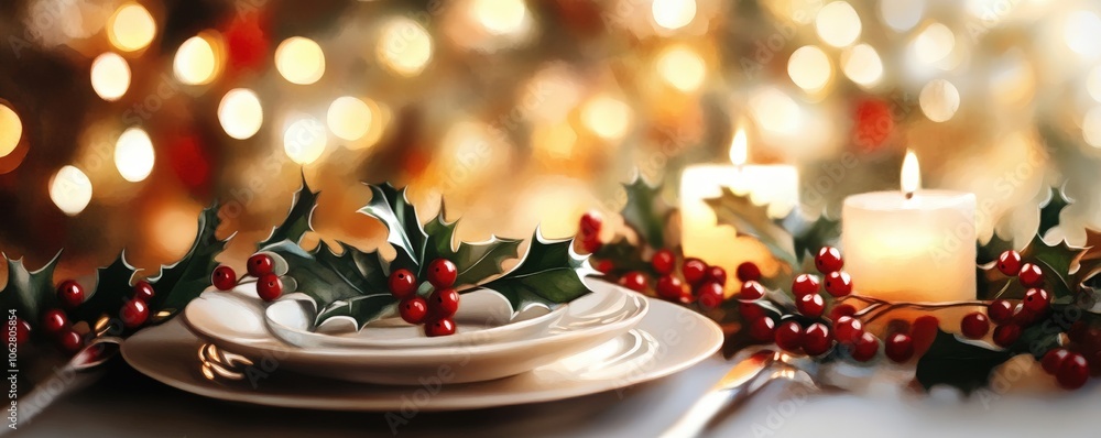 Elegant Christmas table setting with holly and candles Elegant Christmas table setting with holly and candles