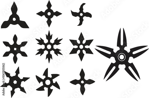 Ninja weapon icons in editable vector format. Ninja star icon in different designs. Shuriken ninja weapon black silhouettes.