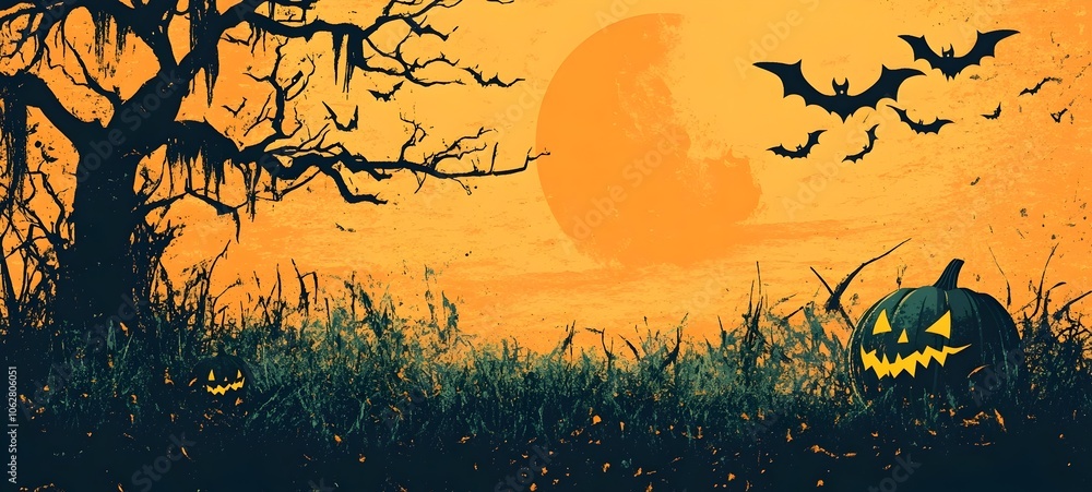 Eerie Halloween landscape with a glowing jack-o-lantern,bats silhouetted against a full orange moon,and a bare tree in the foreground. The scene has a spooky. Eerie Halloween landscape with a glowing jack-o-lantern,bats silhouetted against a full orange moon,and a bare tree in the foreground. The scene has a spooky.