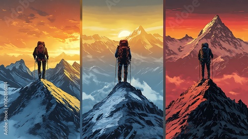 Three-panel mountain journey; first panel shows climbers preparing at the mountain’s base with gear, second panel with climbers midway up on rugged terrain and steep cliffs, photo