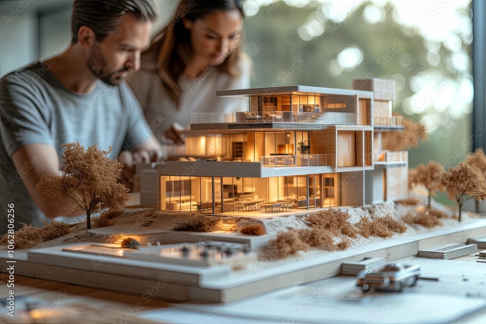 Man and woman are working on a model of a house with a lot of glass windows and a balcony Man and woman are working on a model of a house with a lot of glass windows and a balcony