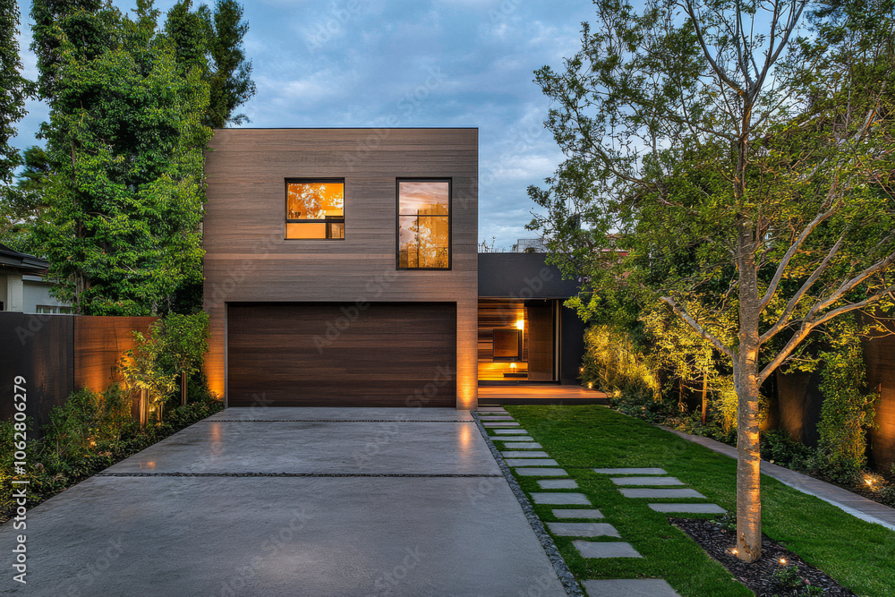 Modern architectural home with landscaped garden and evening lighting in a suburban neighborhood Modern architectural home with landscaped garden and evening lighting in a suburban neighborhood