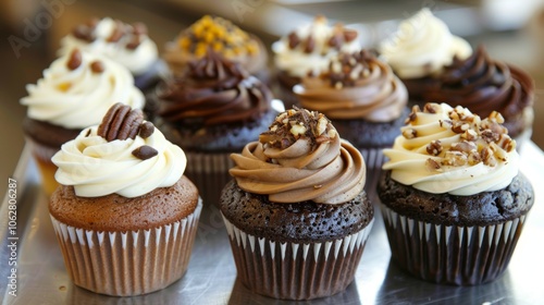 Assorted cupcakes with gourmet toppings, such as candied nuts or chocolate ganache