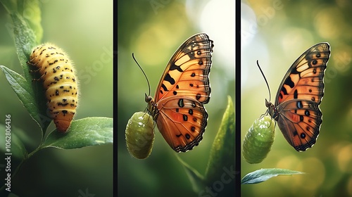 Three-panel series showing the transformation of a butterfly; caterpillar inching along in the first, suspended chrysalis in the second, and a vibrant butterfly ready to fly in the third, photo